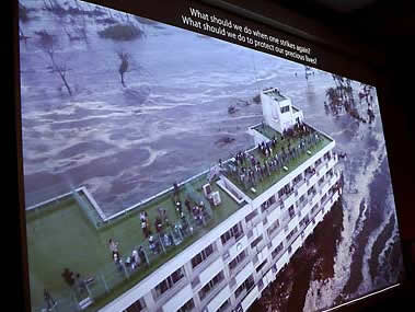 Display at damaged Arahama School in Sendai