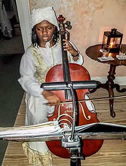 Servant plays cello at dinner